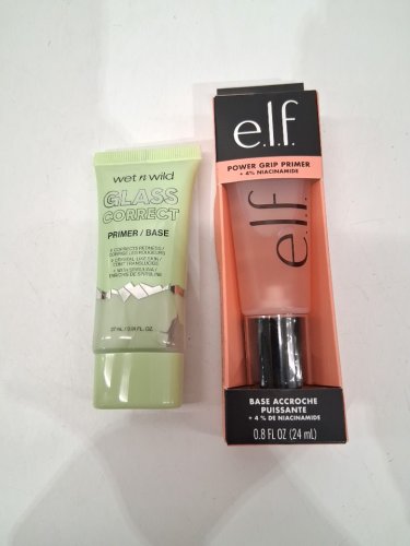 2pc assorted makeup face primers - 27ml / 24ml - wet n wild glass correct green colour correcting primer / elf power grip primer + 4% niacinamide image 2