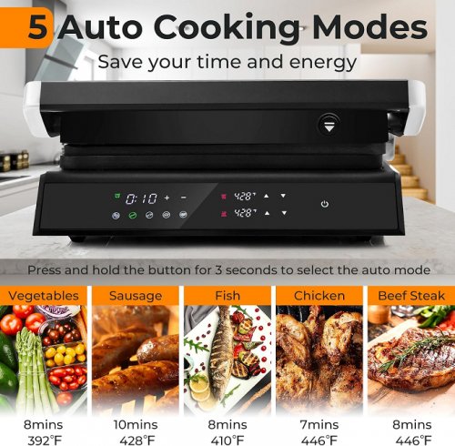 giantex LED touch panel electric panini press sandwich maker with independent temperature control & removable non-stick plates - black (model: gt52a) image 3
