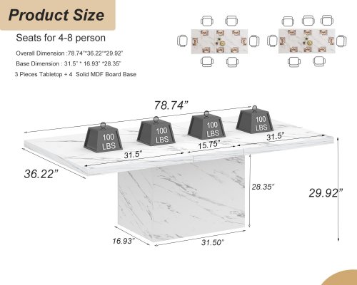 hsh rectangular wooden dining room table, seats up to 8 people - 79" x 36" x 30" - white faux marble - (model: dt027810) image 2