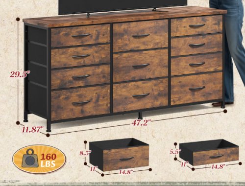EnHomee Dresser for Bedroom with 11 Fabric Drawers - 47" - rustic brown (model: 55scfdr11d120LBR) image 2
