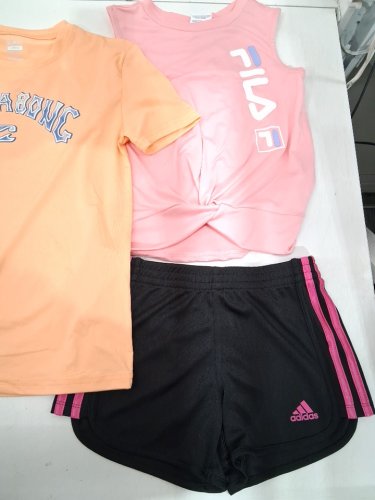 5 ASSORTED GIRL'S CLOTHES - 2 SWIM TOPS, 1 SHIRT, 1 TANK TOP, 1 SHORTS - MEDIUM (7/8) - PINK/PURPLE/ORANGE/BLACK image 4
