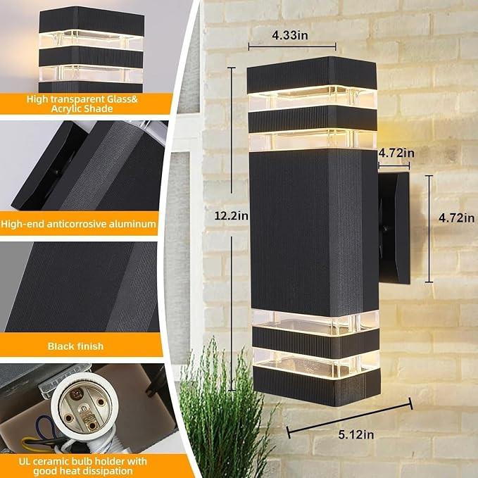 4pk 3-layer hard-wired dusk to dawn outdoor exterior wall sconce lights - 800LM, 10W, 300K, 110 - Black image 2