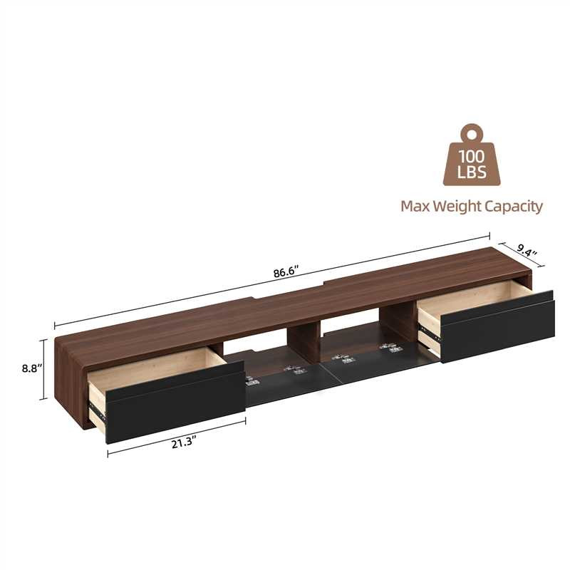 floaticasa wall mounted floating tv stand with 4 drawers, fully assembled - 87" x 9" x 9" - walnut/black image 2