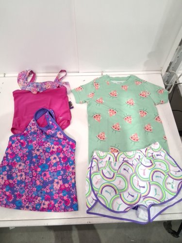 4 ASSORTED GIRL'S CLOTHES - 1 ONE PIECE SWIMSUIT, 1 SWIM TOP, 1 SHIRT, 1 SHORTS - LARGE (10/12) - PINK/PURPLE/GREEN image 2