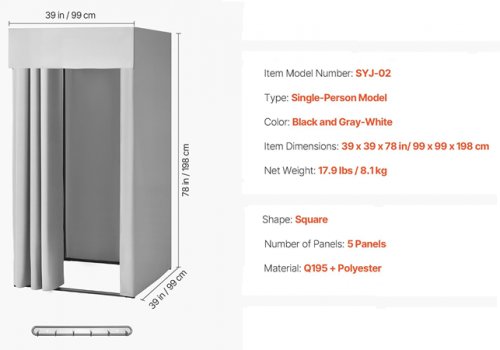 vevor moveable fitting dressing room with thick curtains - 39" x 39" x 81" - grey (model: SYJ-02) image 2