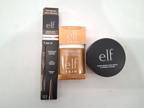 3 Assorted elf products - assorted sizes and uses - micro-fine brow pencil / elf skin bronzing drops / clean queen solid brush and sponge cleaner image 2