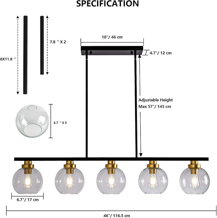 Loyled globe glass chandelier 5 light adjustable height - 46" - 60w - Black/gold/clear (MODEL: YD24012) image 2