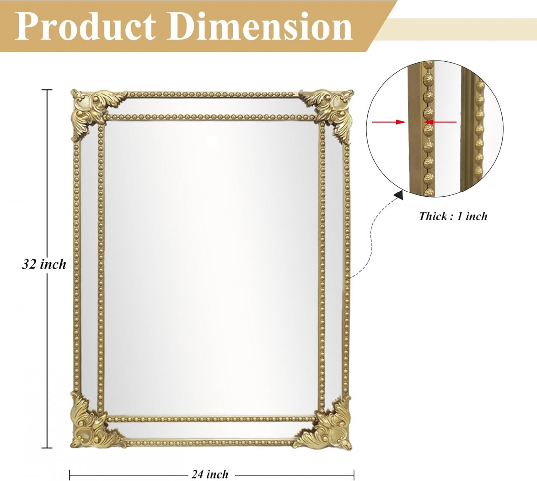 Growsun Vintage Rectangular Decorative Wall Mirror with Antique Carved Frame - 24" X 32" - GOLD (MODEL: DSTH-24X32-G) image 2