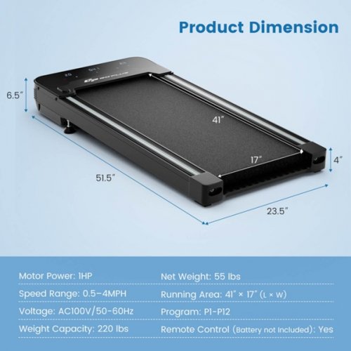 Costway Under Desk Walking Pad Treadmill with Touchable LED Display - 1HP - 23.5" x 51.5" x 6.5" - Black (Model: SP37563SH/SCBW1264704BJ-1) image 2