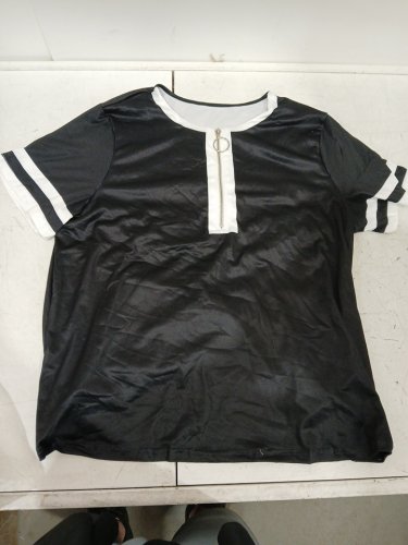 Women's Striped Short Sleeve T Shirts V Neck Zipper Top - XL - Black/White - (Style: l6bssd77) image 2