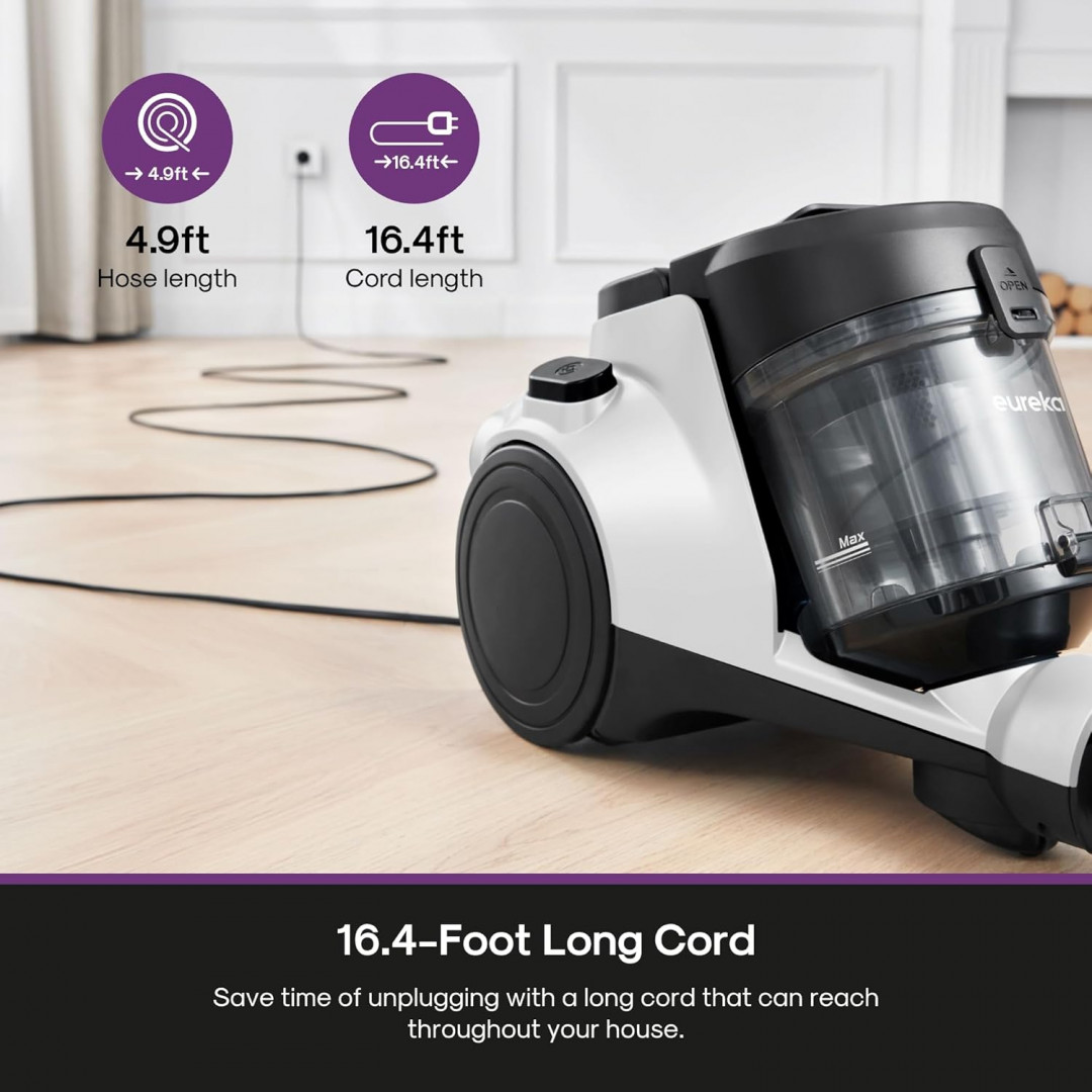 Eureka Bagless Canister Vacuum with Large Dust Cup Extension Tube and Crevice Tool Floor Nozzle - 1100W - White (Model: NEN121WH) image 2