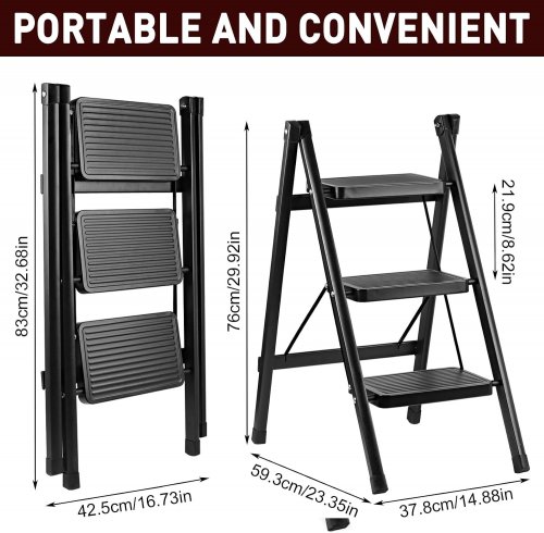 REDCAMP Portable Folding 3-Step Stool Ladder - 14.9" x 23.4" x 29.9" - Black (Model: RC51038CA) image 2