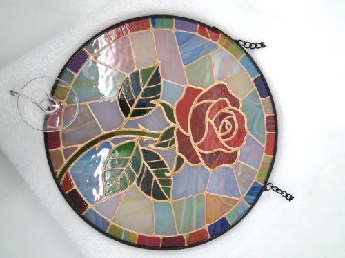 Dreamloom hanging red rose stained Glass Window panel Suncatcher - 7.8” - red/green (model: HX7) image 3