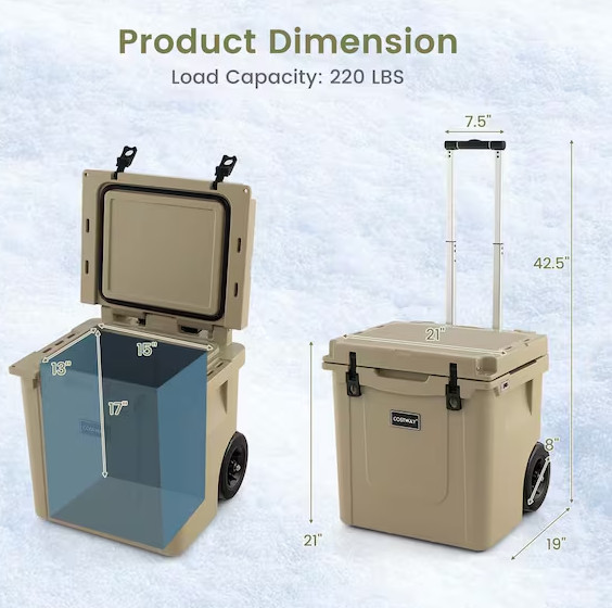 COSTWAY Leak-Proof Chest Cooler with All-Terrain Wheels - 45QT - khaki (MODEL: GP11730SA) image 2