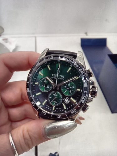 MENS festina chronograph quartz movement watch - 45mm - green dial/ black leather strap (model: F20561 ) image 3
