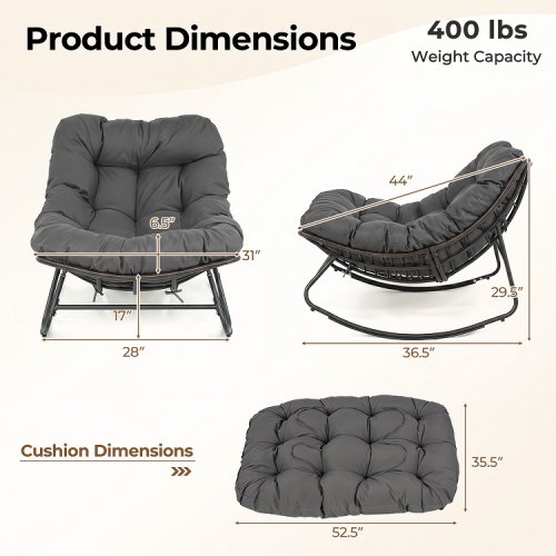 Costway Outdoor Papasan Rocking Chair with Thick Cushion and Pads - grey (model: hw76226GR) image 2