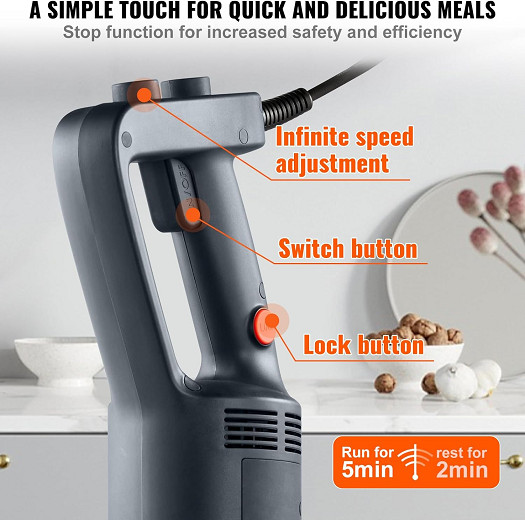 VEVOR Heavy Duty Hand Mixer, Variable Speed Stick Mixer with 304 Stainless Steel Blade Multi-Purpose Portable Mixer for Soup, Smoothie, Puree, Baby Food - 500W - 12" - GREY - (MODEL:hb6089b-ul) image 3