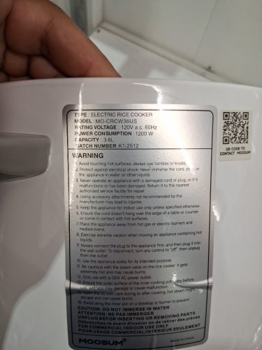 MOOSUM  Commercial RICE COOKER WITH REMOVABLE INNER COVER & STEAMER - CERAMIC COATED - 40 CUPS (20 CUP UNCOOKED) - SILVER (MODEL: MO-CRCW36US) image 5