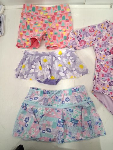 4 assorted girl's SWIM clothes - 2 SKIRTS, 1 SHORTS, 1 ONE PIECE - EXTRA SMALL (4/5) - PURPLE/PINK/BLUE image 3