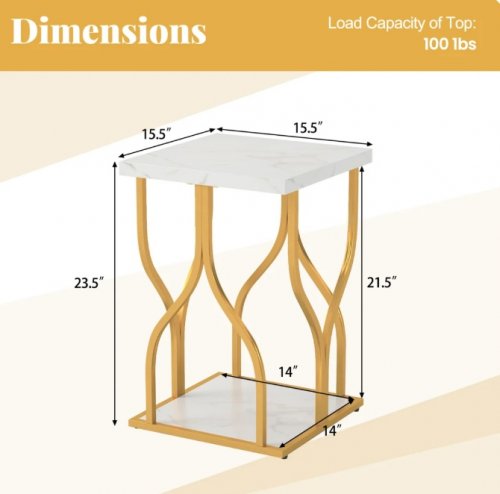 Faux Marble Bedside Night Stand with Petal-Inspired Metal Frame - 23.5" x 15.5" - White/Gold (Model: JV13297) image 2