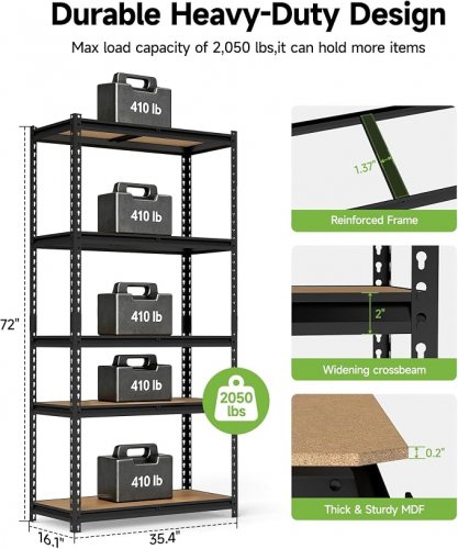 5-Tier Steel Garage Storage Shelving Unit - 350lbs cap per shelf - 72" - Black/brown (Model: rbms5lbw30zd) image 2