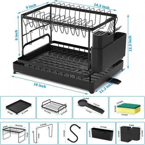 2-tier large dish drying rack with drainboard & utensil holder - 16" x 11.2" x 12.5" - black image 2