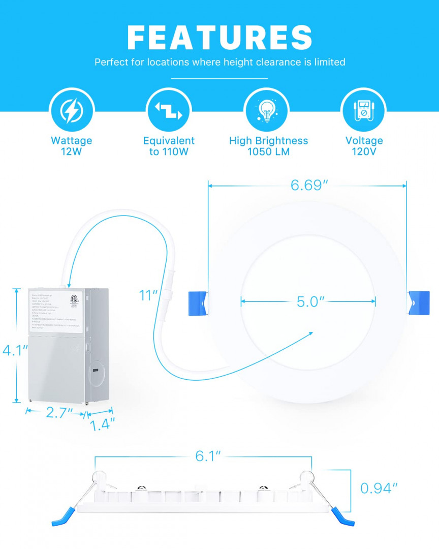 16PK ENSENIOR LED ULTRA-THIN DIMMABLE RECESSED LIGHT with JUNCTION BOXES - 2700K/110W/1050LM - (MODEL: ERL-12X-ETL-5CCT) image 2