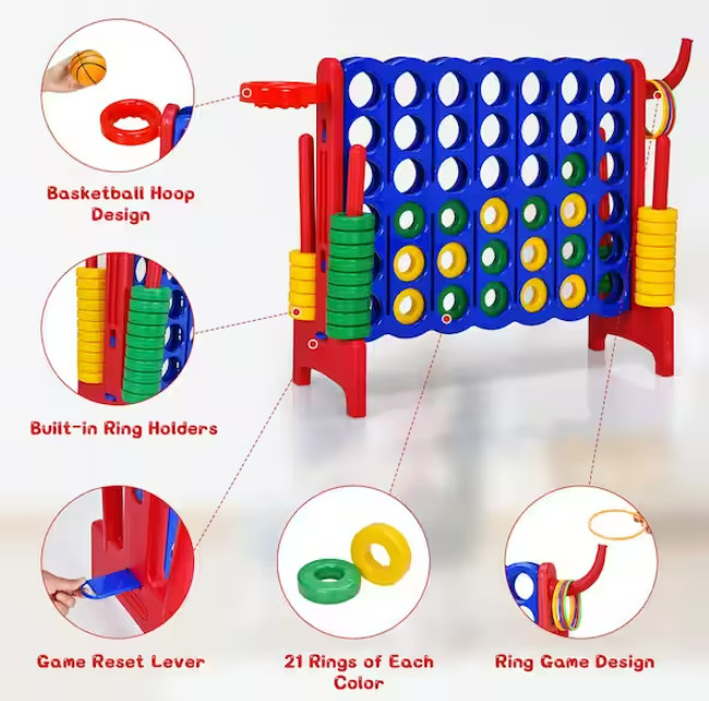 Costway Giant 4‑to‑Score Jumbo 4‑in‑A‑Row Game Set with 3.5 ft Tall Indoor/Outdoor Connect‑Four with Quick‑Reset Pull Levers, 42 Jumbo Rings, Built‑in Ring Holders & Portable Net Storage - Red / Blue (MODEL:SP37521RE) image 2