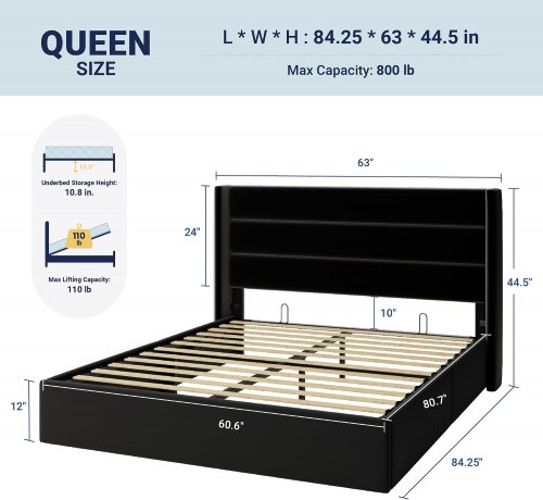 ALLEWIE LIFT UP STORAGE BED WITH MODERN WINGBACK HEADBOARD - QUEEN- Black (MODEL: KBMV0005) image 2