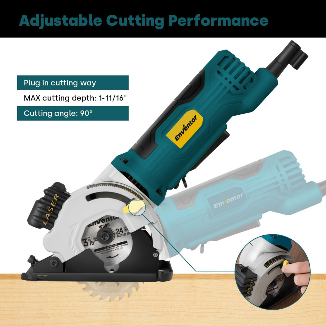 enventor mini corded 3-3/8" circular saw with precise laser guide & 3 ASSORTED 85mm saw blades - 4.8A, 4000RPM - blue (model: 76601L) image 3