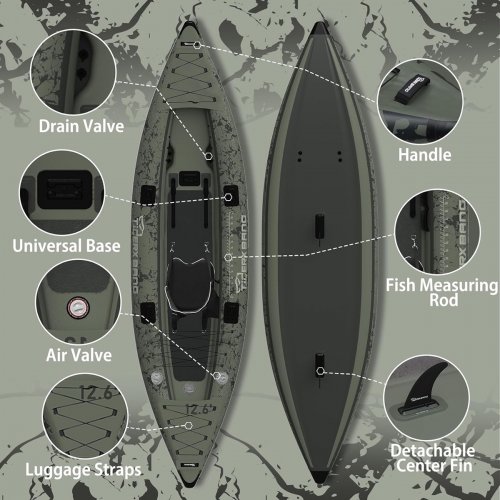 TIGERXBANG INFLATABLE KAYAK WITH ACCESSORIES - 12.6FT - DARK GREEN (MODEL: BOAT005) image 2