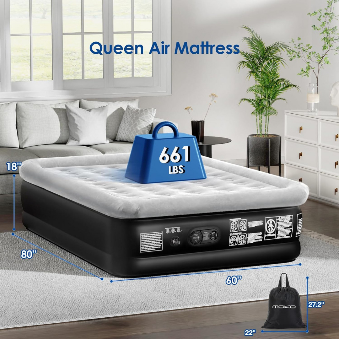 moko inflatable air mattress with comfort top and built in pump - queen size - 18" - black/grey (model:  MAMQ18) image 3