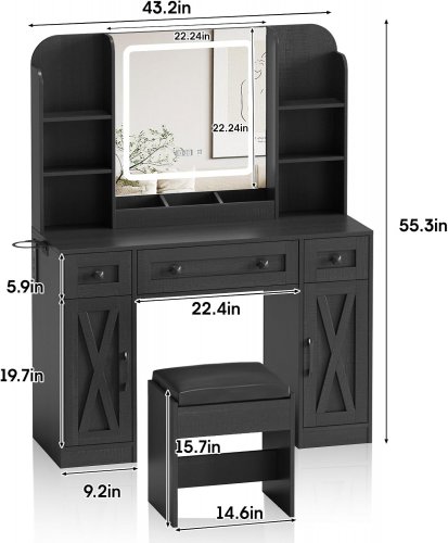Vabches wood Vanity Desk with drawers, shelves, stool, and LED mirror - 43" - black (model: jy9939hs01) image 14