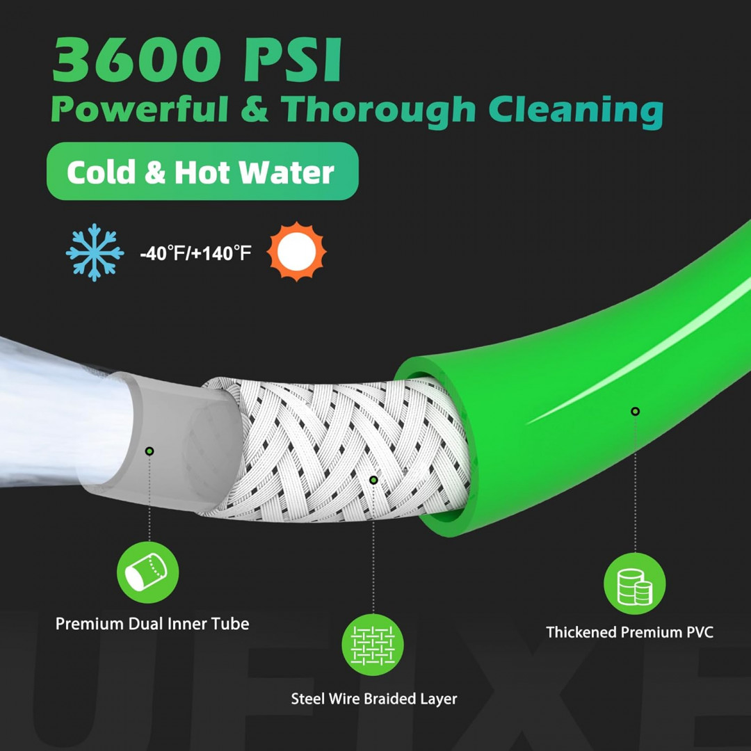 Ufixed lightweight Pressure Washer Hose with M22 solid brass fitting - 1/4" - 33000psi - 25ft - green image 4