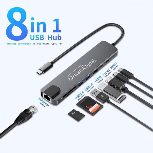 Dream Quest 8-IN1 USB-C to HDTV Adapter - 100W - 4KHDMI - Grey (Model: Y49J) image 2