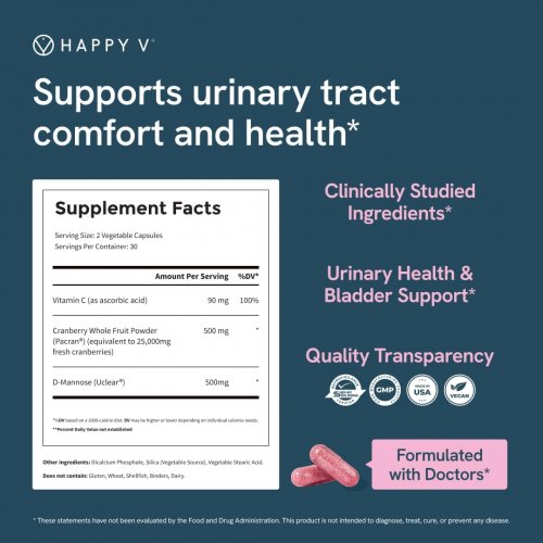 (60 VEGAN CAPSULES) HAPPY V D-MANNOSE+CRANBERRY dietary supplement for urinary tract health - 10mg each image 4