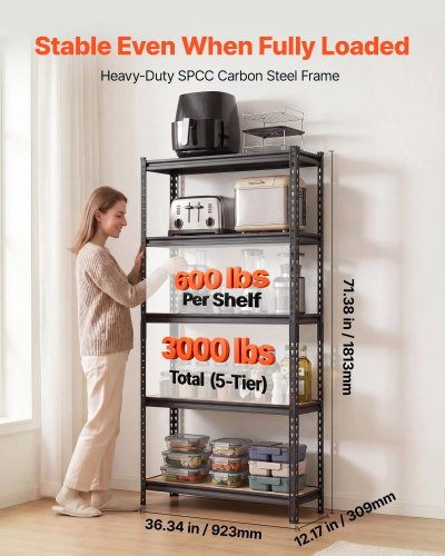 5 Tier Adjustable Storage Shelves - 71" x 36" x 12" - 3000lbs cap - Black/Brown (Model: SFS3612RA) image 2