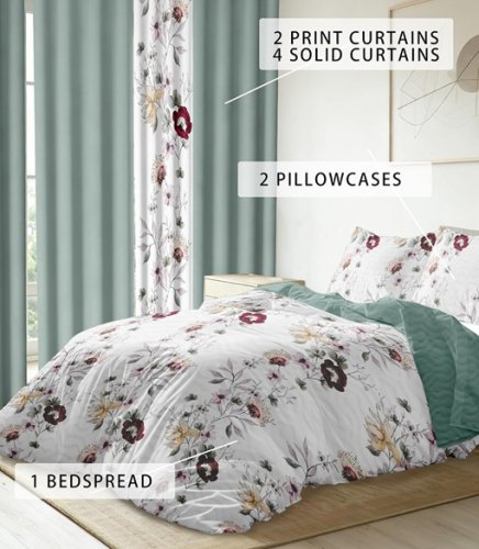 9pc REYLOX VINTAGE bedspread, pillowcase and curtain bedroom set - KING - FLORAL GREEN image 2