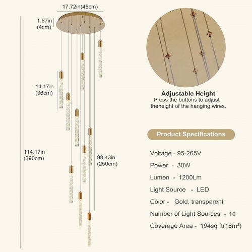 GEADI 10-Light Modern Crystal High Ceiling adjustable Chandelier - 3000-6000K - gold/clear (model: B0FVXVJ1WC) image 4