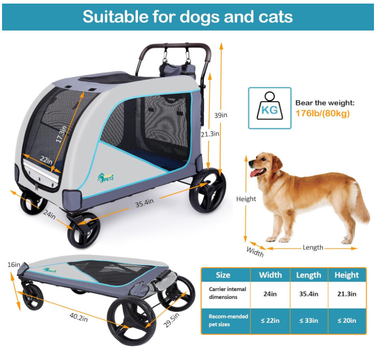 OWNPETS pet stroller with wheels & stroller bag - XL (130lbs cap) - gray/blue - (model: ‎PET0306-CA) image 2
