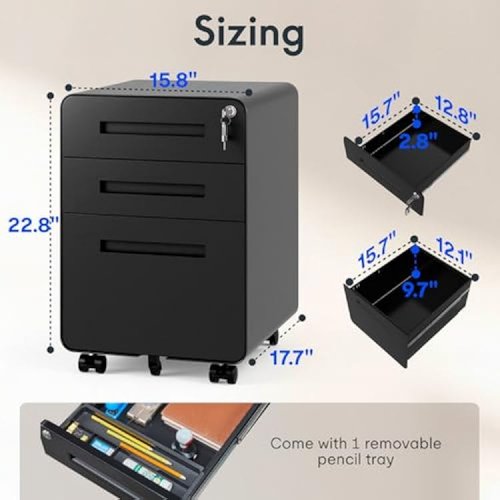 Flexispot 3-drawer Mobile File Cabinet with lock - 23" - black (model: CB35b) image 2