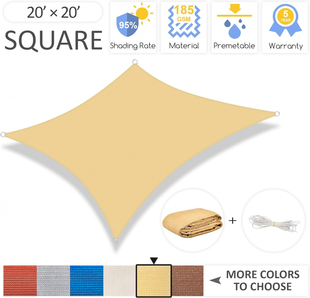 GARDEN EXPERT LARGE SQUARE SUNSHADE CANOPY SAIL, BEIGE - 20FT x 20FT image 2