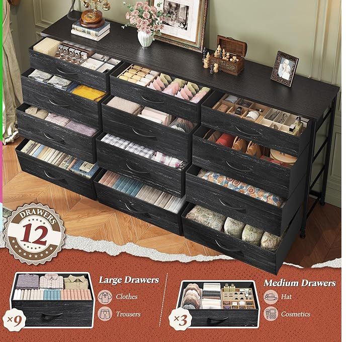 Romorgniz 12 fabric drawer dresser - 32" x 11.8" x 55.2" - black (model: 55scfdr12d140lch) image 3