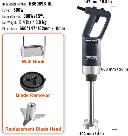 VEVOR Heavy Duty Hand Mixer, Variable Speed Stick Mixer with 304 Stainless Steel Blade Multi-Purpose Portable Mixer for Soup, Smoothie, Puree, Baby Food - 500W - 12" - GREY - (MODEL:hb6089b-ul) image 2