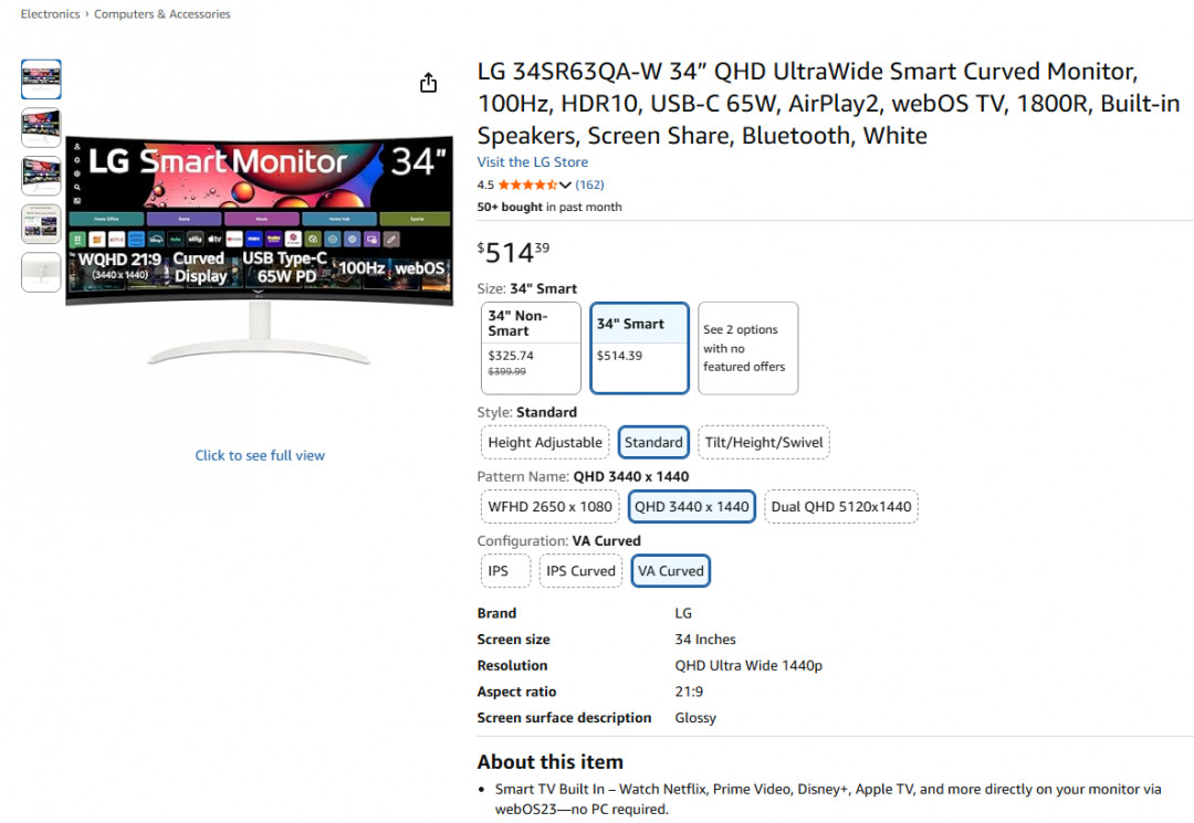 LG QHD Ultrawide Bluetooth 100hz Smart Curved Monitor with USB-C 65W / AirPlay2 / webOSBuilt-in Speakers & Screen Share - 34"/ 21:9 aspect ratio - white (model: 34sr63qa) image 2