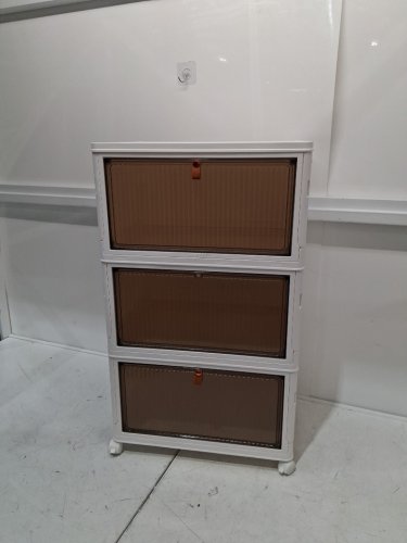 unbranded 3-tier stackable foldable modular travel shoe storage box shelf with casters - 27" x 17" - white/brown image 3
