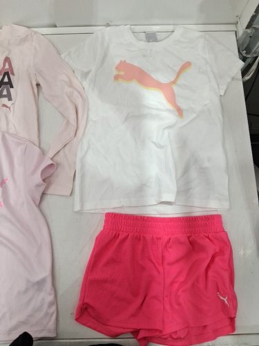4 PUMA girl's CLOTHES - 1 LONG SLEEVE, 2 SHIRTS, 1 SHORTS - MEDIUM (7/8) - PINK/WHITE image 4