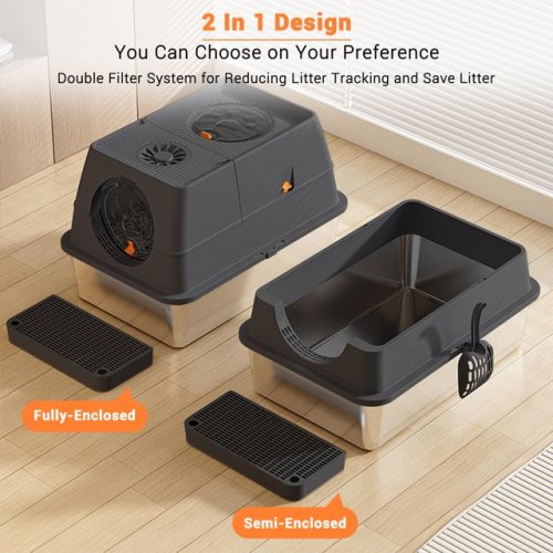 TROPOW 2-IN-1 High Sides Easy Clean Litter BOX WITH REMOVEABLE LID - 40L - BLACK/STAINLESS STEEL (MODEL: 4410VBPCYZJ5) image 2