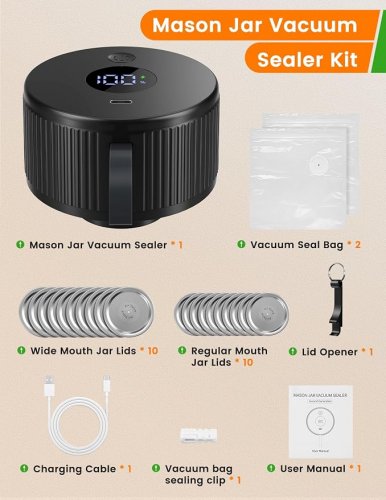 26PC MASON JAR VACUUM SEALER KIT with led display - rechargeable & reusable (model: SP-MJ02) image 4