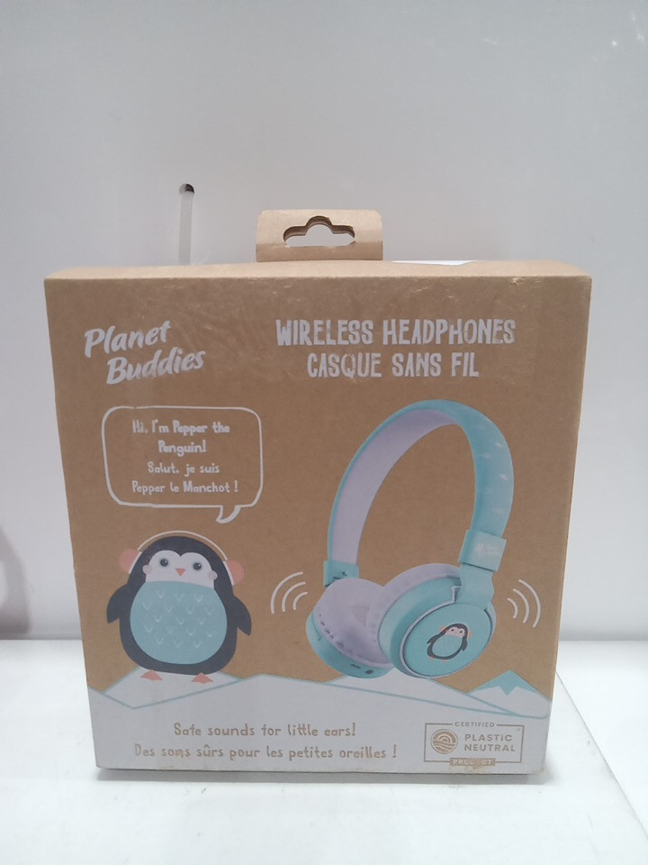 Kid's Planet Buddies "Pepper the Penguin" wireless bluetooth headphones with adjustable headband, built in mic, 40hrs playtime & 1.1M cable  - blue image 2